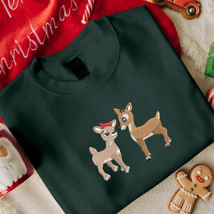 Embroidered Christmas Reindeer Sweater, Christmas Family Matching reindeer Sweatshirt, Cute Baby Deers jumper, Couple Matching Xmas Outfits