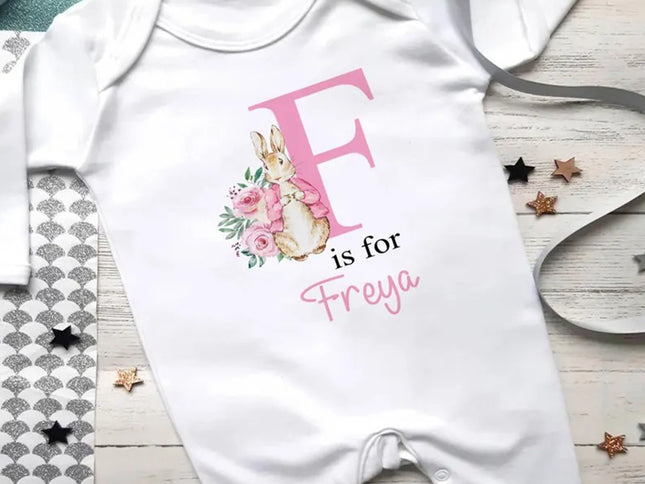 Personalised Baby Grow Sleepsuit, Custom Name & Initial Bunny Romper, Easter Bunny Printed Baby Sleepsuit, Newborn Baby Gifts, Easter Gifts