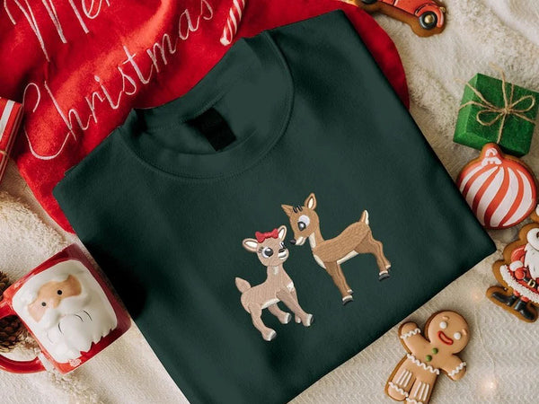 Embroidered Christmas Reindeer Sweater, Christmas Family Matching reindeer Sweatshirt, Cute Baby Deers jumper, Couple Matching Xmas Outfits